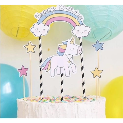 Topper piker ozdoby na tort babeczki jednorożec napis Happy Birthday unicorn dekoracje urodzinowe zestaw 5 sztuk
